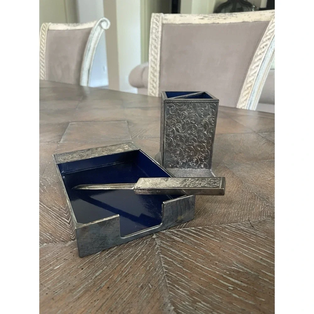 Vtg Silver Plate 3 Pc Desk Set Embossed Pen Pencil Cup Letter Opener Paper Bin